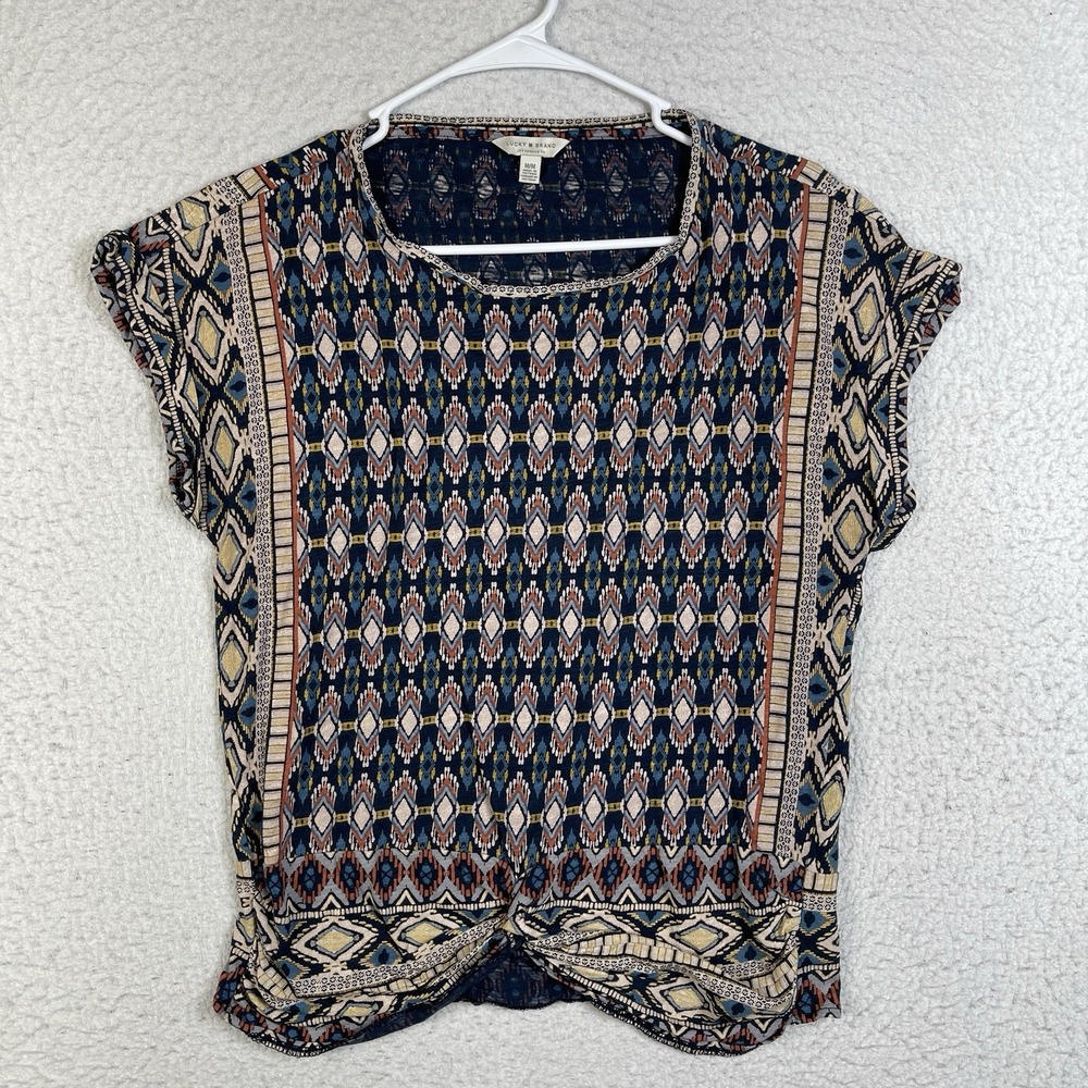 Lucky Brand Shirt Womens Medium Geometric Knotted Front Hem Boho Festival Earthy